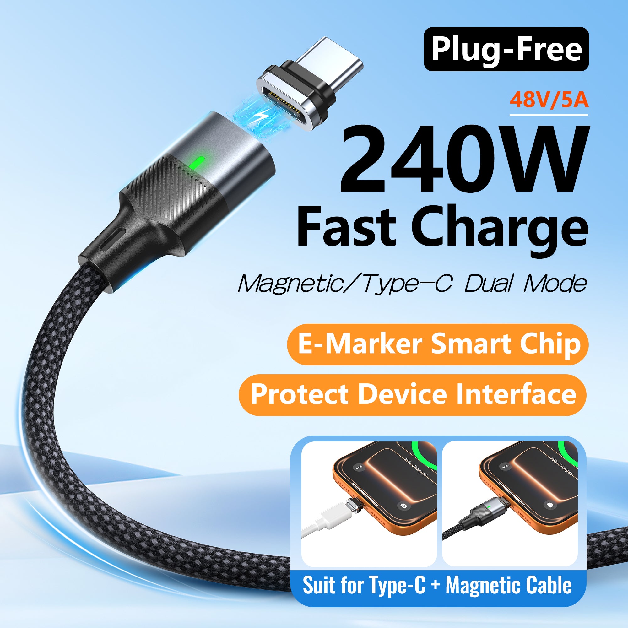 240W PD 3.1 Magnetic Charging Cable (Thunderbolt 5 Compatible)